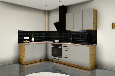 L-Küche Nexa Beige – 270 × 170 cm – mit Herdumbauschrank – K99-G270 – Raumansicht über Eck von rechts