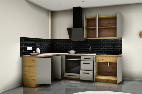 L-Küche Nexa Beige – 270 × 170 cm – mit Herdumbauschrank – K99-G270 – Türen, Klappen und Auszüge geöffnet
