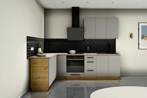 L-Küche Nexa Beige – 270 × 170 cm – mit Herdumbauschrank – K99-G270 – Raumansicht über Eck von links