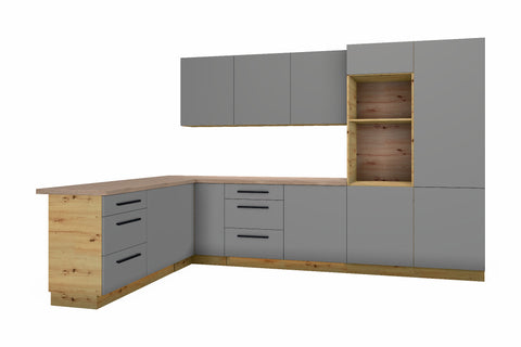L-Küche Nexa Grau – 330 × 210 cm – mit Backofen-Hochschrank für 2 Geräte – K100-G330 – freigestellt auf Weiß
