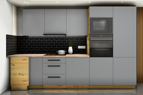 L-Küche Nexa Grau – 330 × 210 cm – mit Backofen-Hochschrank für 2 Geräte – K100-G330 – Wand A frontal
