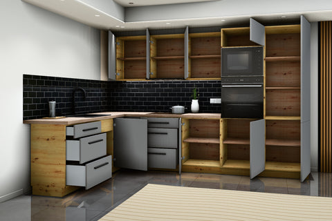 L-Küche Nexa Grau – 330 × 210 cm – mit Backofen-Hochschrank für 2 Geräte – K100-G330 – Türen, Klappen und Auszüge geöffnet