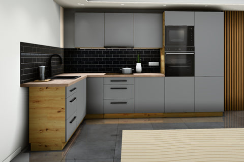 L-Küche Nexa Grau – 330 × 210 cm – mit Backofen-Hochschrank für 2 Geräte – K100-G330 – Raumansicht über Eck von links