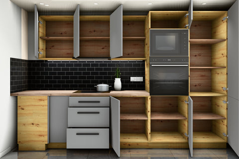 L-Küche Nexa Grau – 330 × 210 cm – mit Backofen-Hochschrank für 2 Geräte – K100-G330 – Wand A geöffnet, frontal