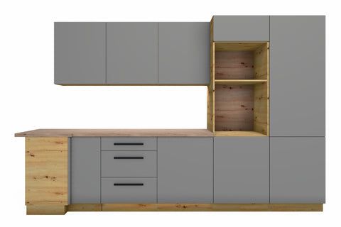 L-Küche Nexa Grau – 330 × 210 cm – mit Backofen-Hochschrank für 2 Geräte – K100-G330 – Wand A freigestellt auf Weiß