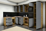 L-Küche Nexa Grau – 330 × 210 cm – mit Backofen-Hochschrank für 2 Geräte – K100-G330 – geöffnet, über Eck von rechts