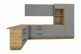 L-Küche Nexa Grau – 330 × 210 cm – mit Backofen-Hochschrank für 2 Geräte – K100-G330 – freigestellt, über Eck von links