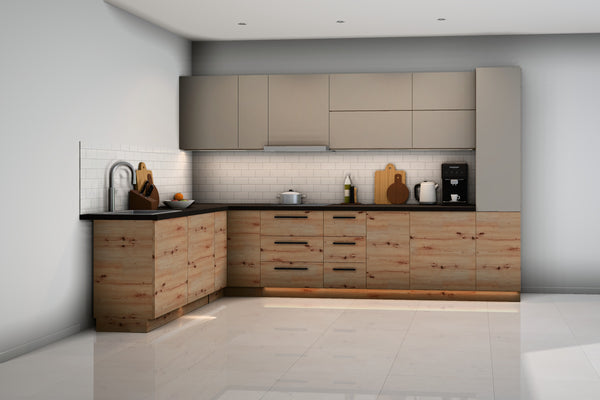 L-Küche Nexa Woodline mit Beige oder Grau – 330 × 210 cm – K24-G210