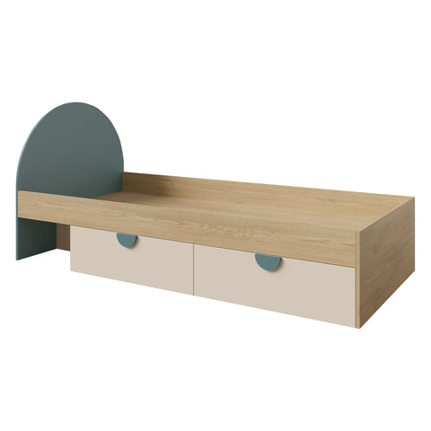 Lexi Bett 90 × 200 cm mit 2 Schubladen – Cremona Eiche / Macadamia / Meeresblau