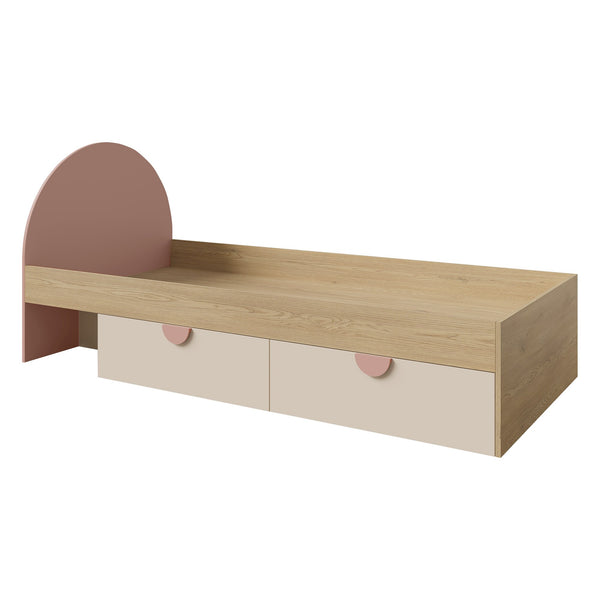 Lexi Bett 90 × 200 cm mit 2 Schubladen – Cremona Eiche / Macadamia / Puderrosa