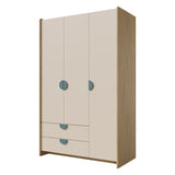 Lexi Kleiderschrank 123 cm mit 3 Türen und 2 Schubladen – Cremona Eiche / Macadamia / Meeresblau