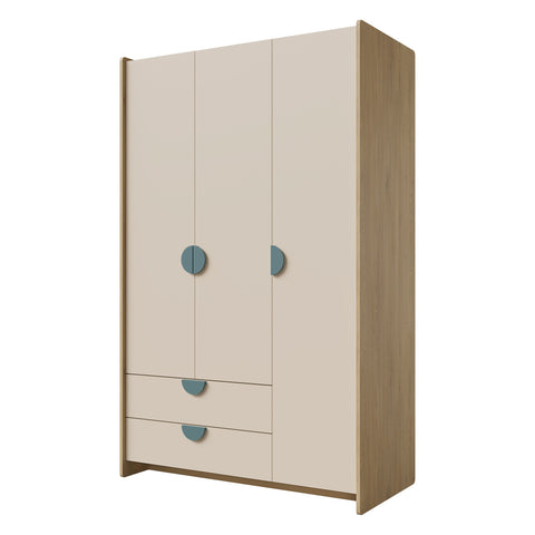 Lexi Kleiderschrank 123 cm mit 3 Türen und 2 Schubladen – Cremona Eiche / Macadamia / Meeresblau