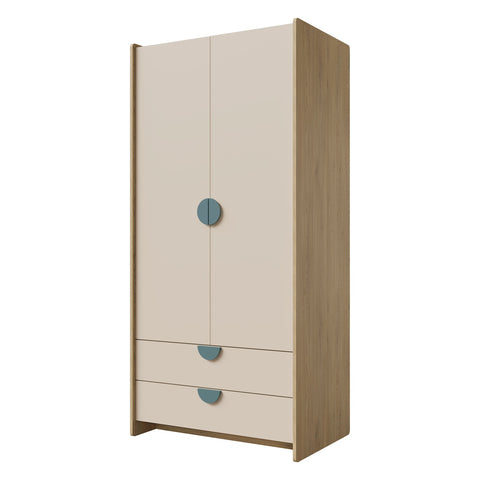 Lexi Kleiderschrank 83 cm mit 2 Türen und 2 Schubladen – Cremona Eiche / Macadamia / Meeresblau