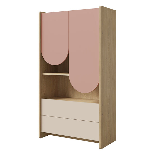 Lexi Regal 83 cm mit 2 Türen, 2 Schubladen und offenem Fach – Cremona Eiche / Macadamia / Puderrosa
