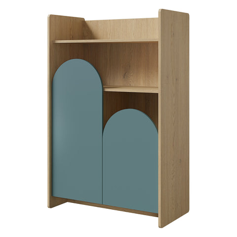Lexi Regal niedrig 83 cm mit 2 Türen und offenen Fächern – Cremona Eiche / Macadamia / Meeresblau