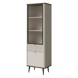 Marly Schmale Vitrine 60 cm mit 1 Glastür, 1 Tür und 1 Schublade – Kaschmir / Walnuss