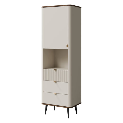 Marly Schmaler Hochschrank 60 cm mit 1 Tür, 3 Schubladen und offenem Fach – Kaschmir / Walnuss