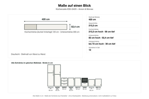 Maßzeichnung – Küchenzeile KS5-G420 – Arvion & Morvex – Farbe Weiß / Matt