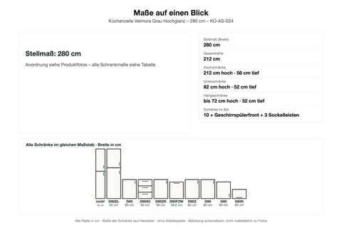 Maßzeichnung – Küchenzeile Velmora Grau Hochglanz – 280 cm – KÜ-AS-024