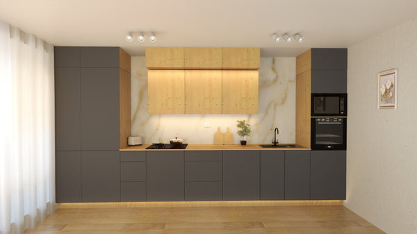 Nexa Küchenmöbel-Set KÜ03-L – Woodline & Grau – Stilvolle 460 cm Küchenlösung mit maximalem Stauraum und moderner Eleganz