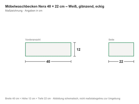 Möbelwaschbecken Nera 40 × 22 cm – Weiß, glänzend, eckig – Maßzeichnung