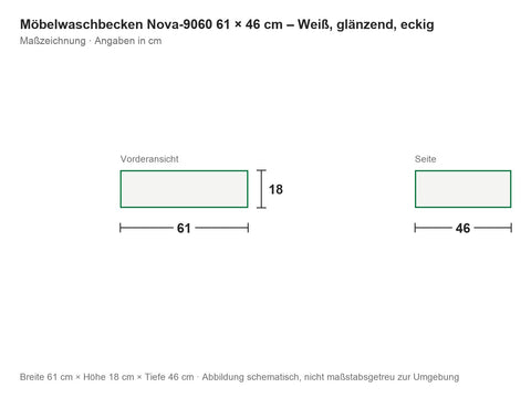 Möbelwaschbecken Nova-9060 61 × 46 cm – Weiß, glänzend, eckig – Maßzeichnung