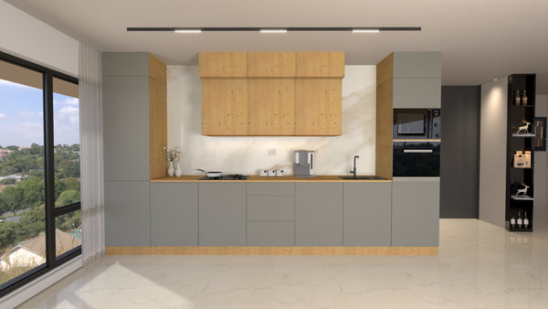 Nexa Küchenzeile KÜ04-L – Woodline & Beige – 420 cm – Modernes Küchensystem mit durchdachter Stauraumlösung