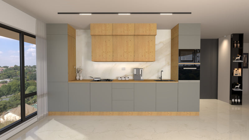 Nexa Küchenzeile KÜ04-L – Woodline & Beige – 420 cm – Modernes Küchensystem mit durchdachter Stauraumlösung