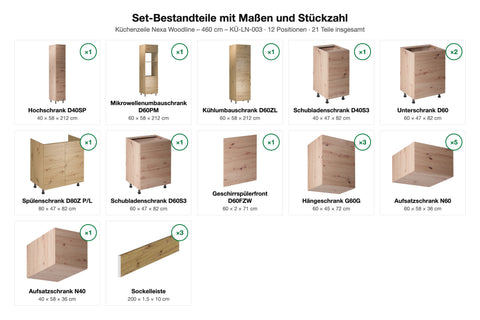 Küchenzeile Nexa Woodline – 460 cm – KÜ-LN-003 – Set-Bestandteile mit Maßen und Stückzahl