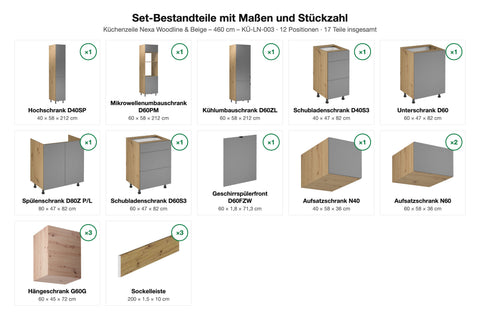 Küchenzeile Nexa Woodline & Beige – 460 cm – KÜ-LN-003 – Set-Bestandteile mit Maßen und Stückzahl