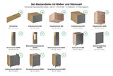 Küchenzeile Nexa Woodline & Grau – 460 cm – KÜ-LN-003 – Set-Bestandteile mit Maßen und Stückzahl