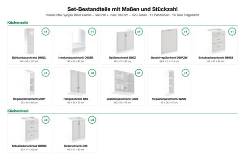 Set-Bestandteile mit Maßen und Stückzahl – Inselküche Sycylia Weiß Creme – 340 cm + Insel 180 cm – K29-G340