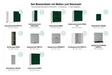 Set-Bestandteile mit Maßen und Stückzahl – Winkelküche Morvex KS9-G370 – Farbe Grün / Grau