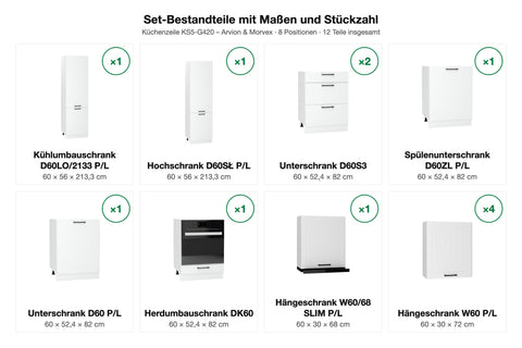 Set-Bestandteile mit Maßen und Stückzahl – Küchenzeile KS5-G420 – Arvion & Morvex – Farbe Weiß / Matt