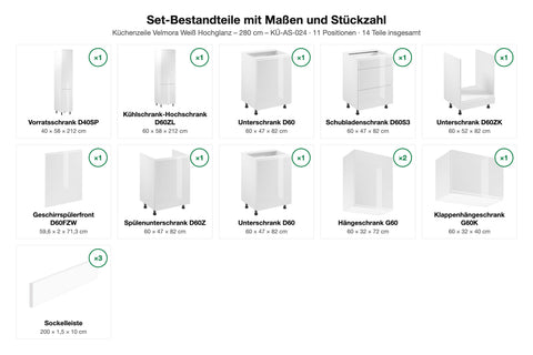 Set-Bestandteile mit Maßen und Stückzahl – Küchenzeile Velmora Weiß Hochglanz – 280 cm – KÜ-AS-024