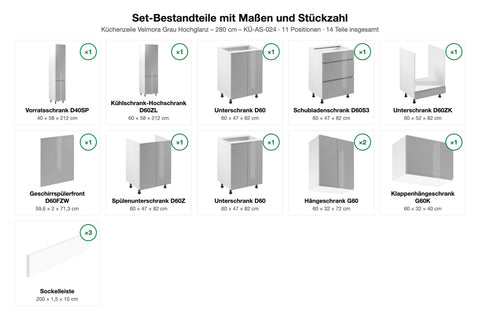 Set-Bestandteile mit Maßen und Stückzahl – Küchenzeile Velmora Grau Hochglanz – 280 cm – KÜ-AS-024
