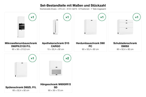 Set-Bestandteile mit Maßen und Stückzahl – Küchenzeile Elvara – 275 cm – K151-G275