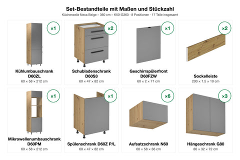 Set-Bestandteile mit Maßen und Stückzahl – Küchenzeile Nexa Beige – 360 cm – K50-G360