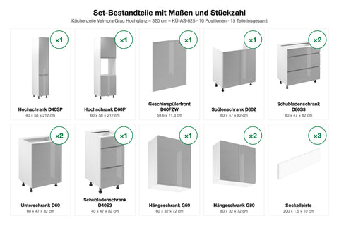 Set-Bestandteile mit Maßen und Stückzahl – Küchenzeile Velmora Grau Hochglanz – 320 cm – KÜ-AS-025