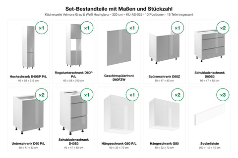 Set-Bestandteile mit Maßen und Stückzahl – Küchenzeile Velmora Grau & Weiß Hochglanz – 320 cm – KÜ-AS-025