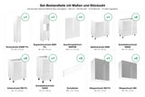 Set-Bestandteile mit Maßen und Stückzahl – Küchenzeile Velmora Weiß & Grau Hochglanz – 320 cm – KÜ-AS-025