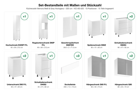 Set-Bestandteile mit Maßen und Stückzahl – Küchenzeile Velmora Weiß & Grau Hochglanz – 320 cm – KÜ-AS-025