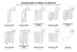 Set-Bestandteile mit Maßen und Stückzahl – Küchenzeile Velmora Weiß Hochglanz – 320 cm – KÜ-AS-025
