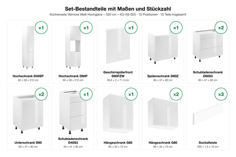Set-Bestandteile mit Maßen und Stückzahl – Küchenzeile Velmora Weiß Hochglanz – 320 cm – KÜ-AS-025