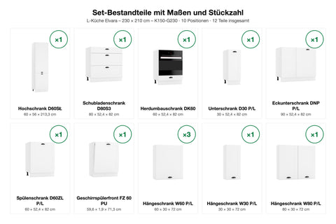 Set-Bestandteile mit Maßen und Stückzahl – L-Küche Elvara – 230 × 210 cm – K150-G230