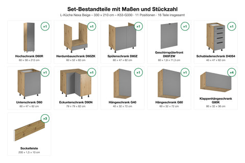 Set-Bestandteile mit Maßen und Stückzahl – L-Küche Nexa Beige – 330 × 210 cm – K53-G330