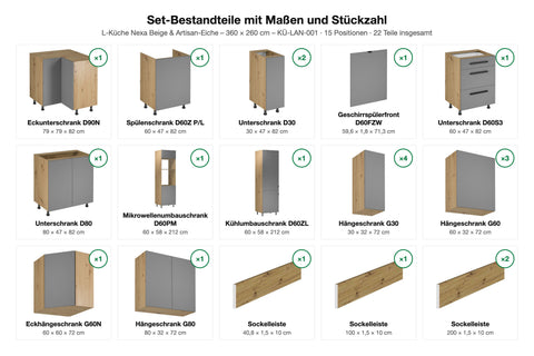 Set-Bestandteile mit Maßen und Stückzahl – L-Küche Nexa Beige & Artisan-Eiche – 360 × 260 cm – KÜ-LAN-001