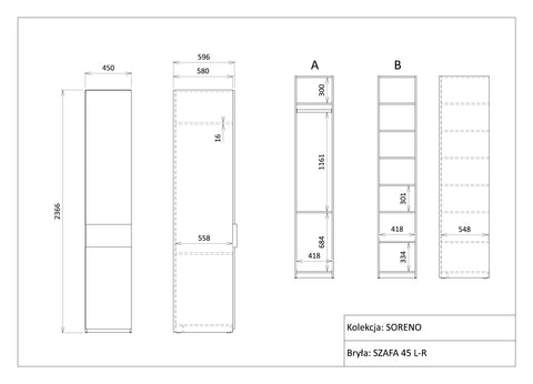 Soreno Kleiderschrank in Frühlingseiche / Macadamia – Maßzeichnung