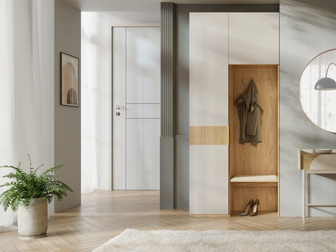 Soreno Schlafzimmer-Set 2-teilig mit Garderobenregal mit Sitzbank (Anbauelement) und Kleiderschrank im Raum – Frühlingseiche / Macadamia