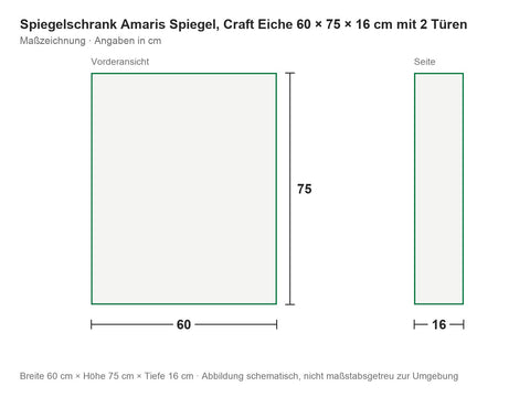 Spiegelschrank Amaris Spiegel, Craft Eiche 60 × 75 × 16 cm mit 2 Türen – Maßzeichnung